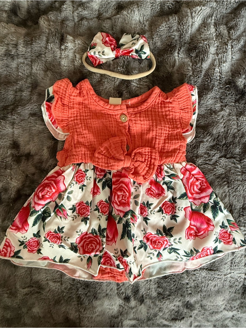 Coral Rose Floral Baby Dress Bow Headband Size 80 9-12M